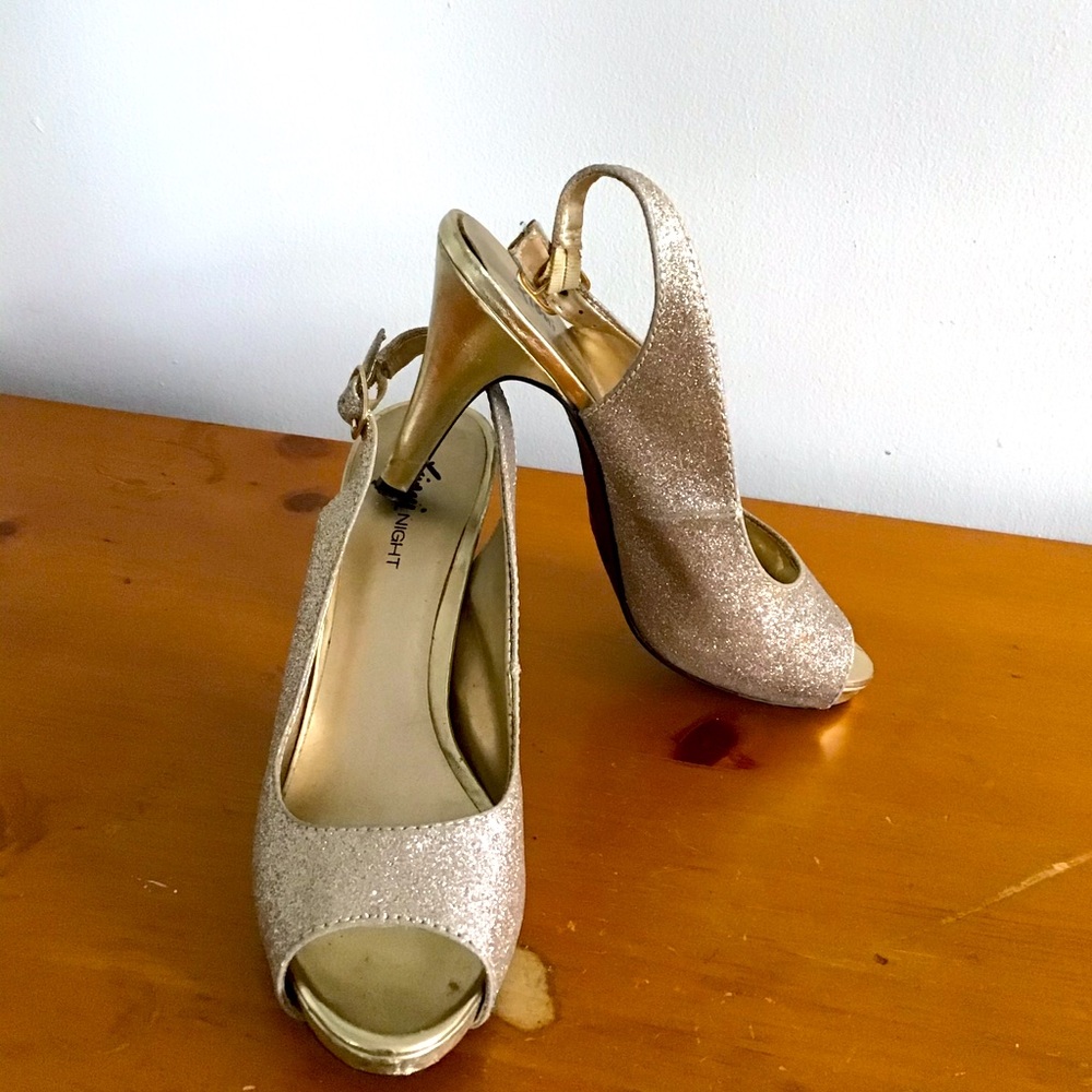 Gold Glitter Peep Toe Slingback Heels
